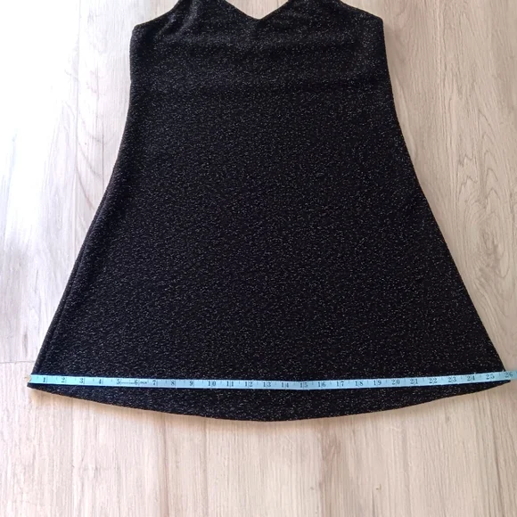 Angie Slip Mini Dress Black Silver Metallic Shimmer Spaghetti Strap Low V Medium - Picture 8 of 14